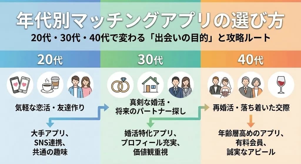 年代別マッチングアプリの選び方｜20代・30代・40代で変わる「出会いの目的」と攻略ルート