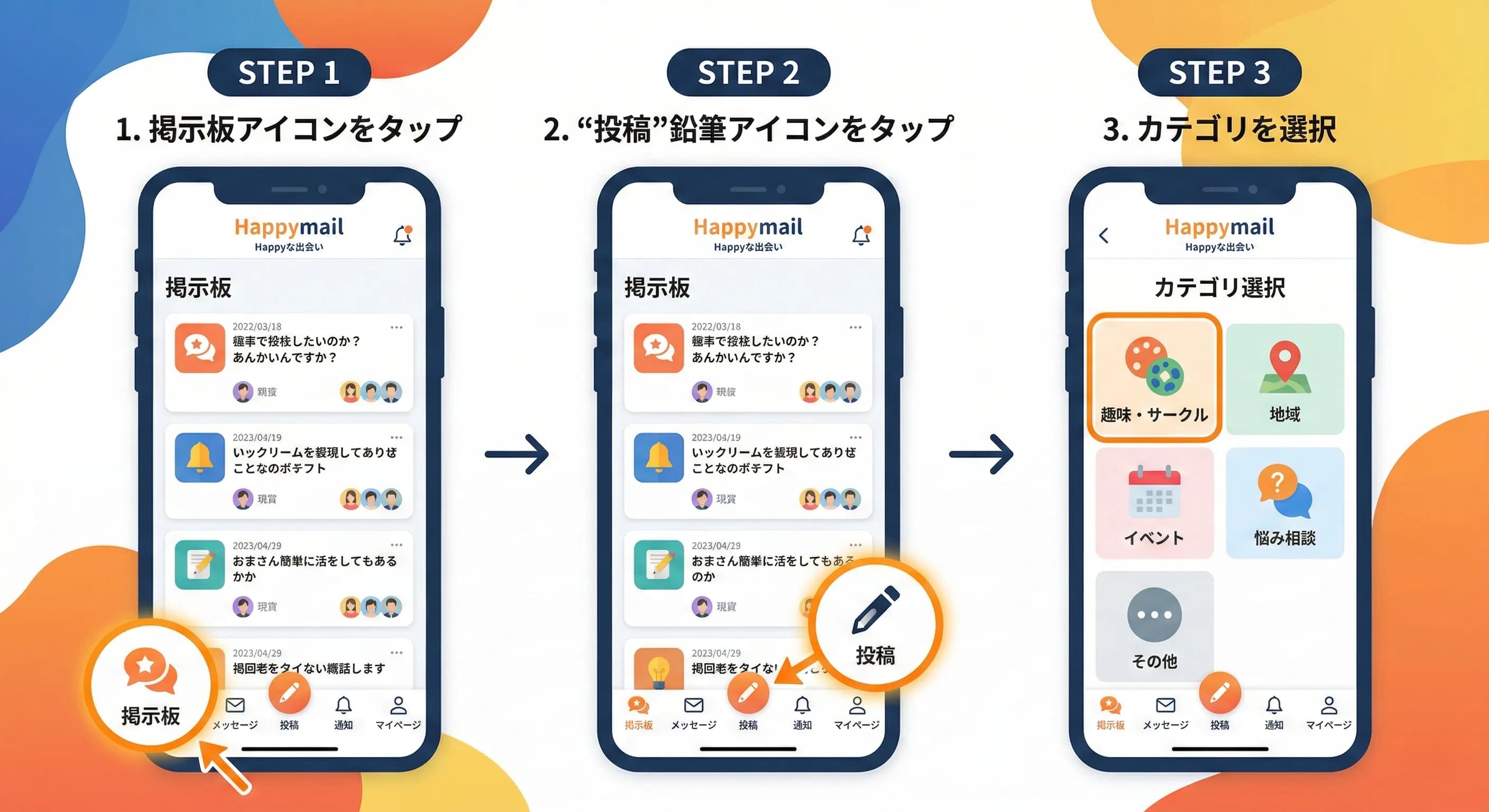 ハッピーメールスマホ版の掲示板投稿手順