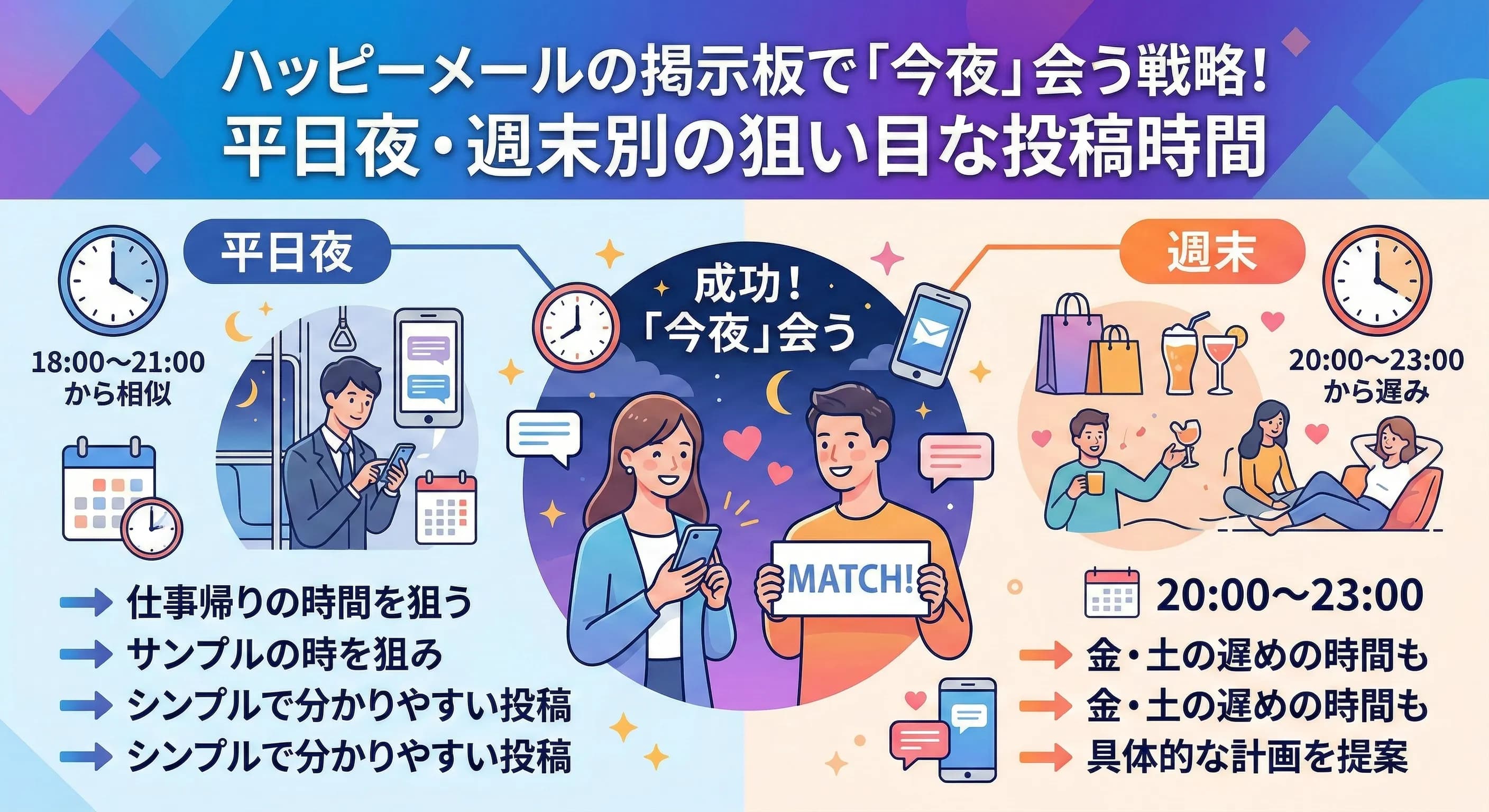 ハッピーメールの掲示板で「今夜」会う戦略！平日夜・週末別の狙い目な投稿時間