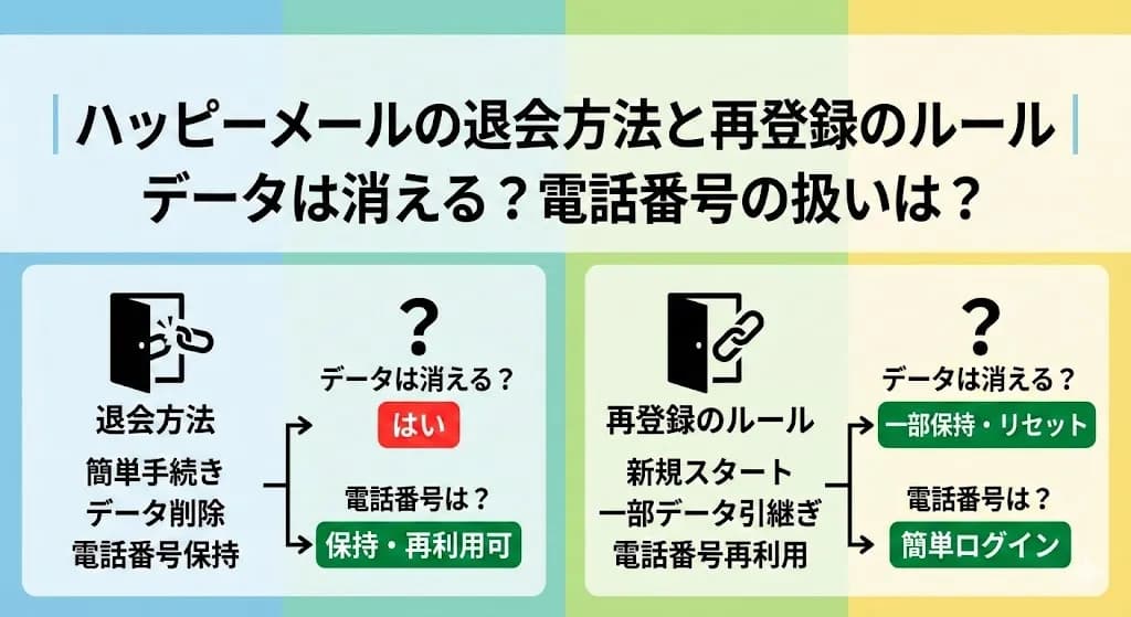 ハッピーメールの退会方法と再登録のルール｜データは消える？電話番号の扱いは？