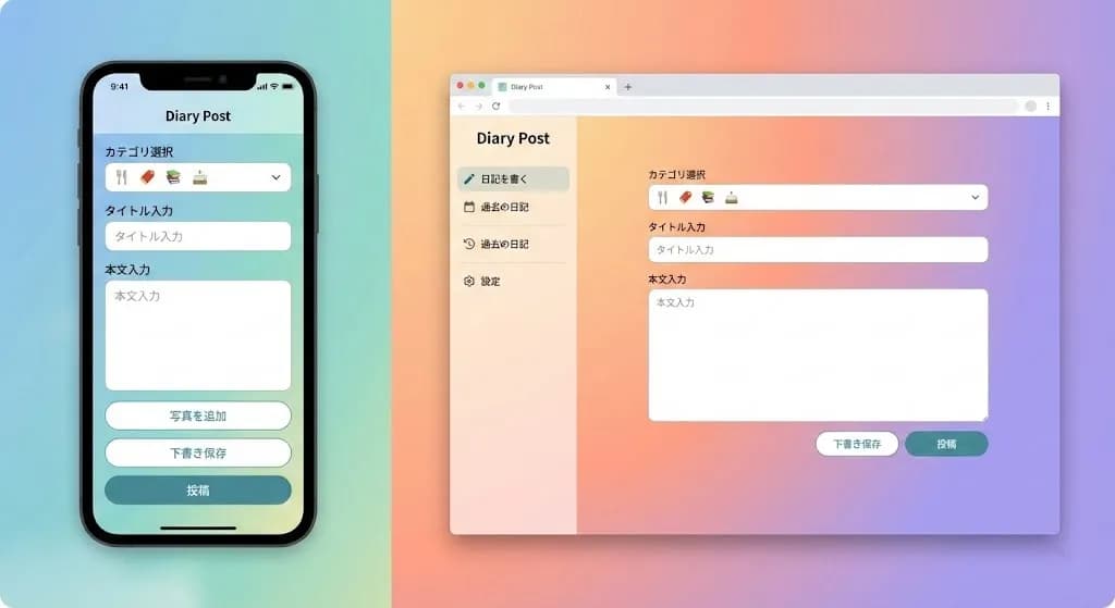 イククル日記投稿画面のUI比較