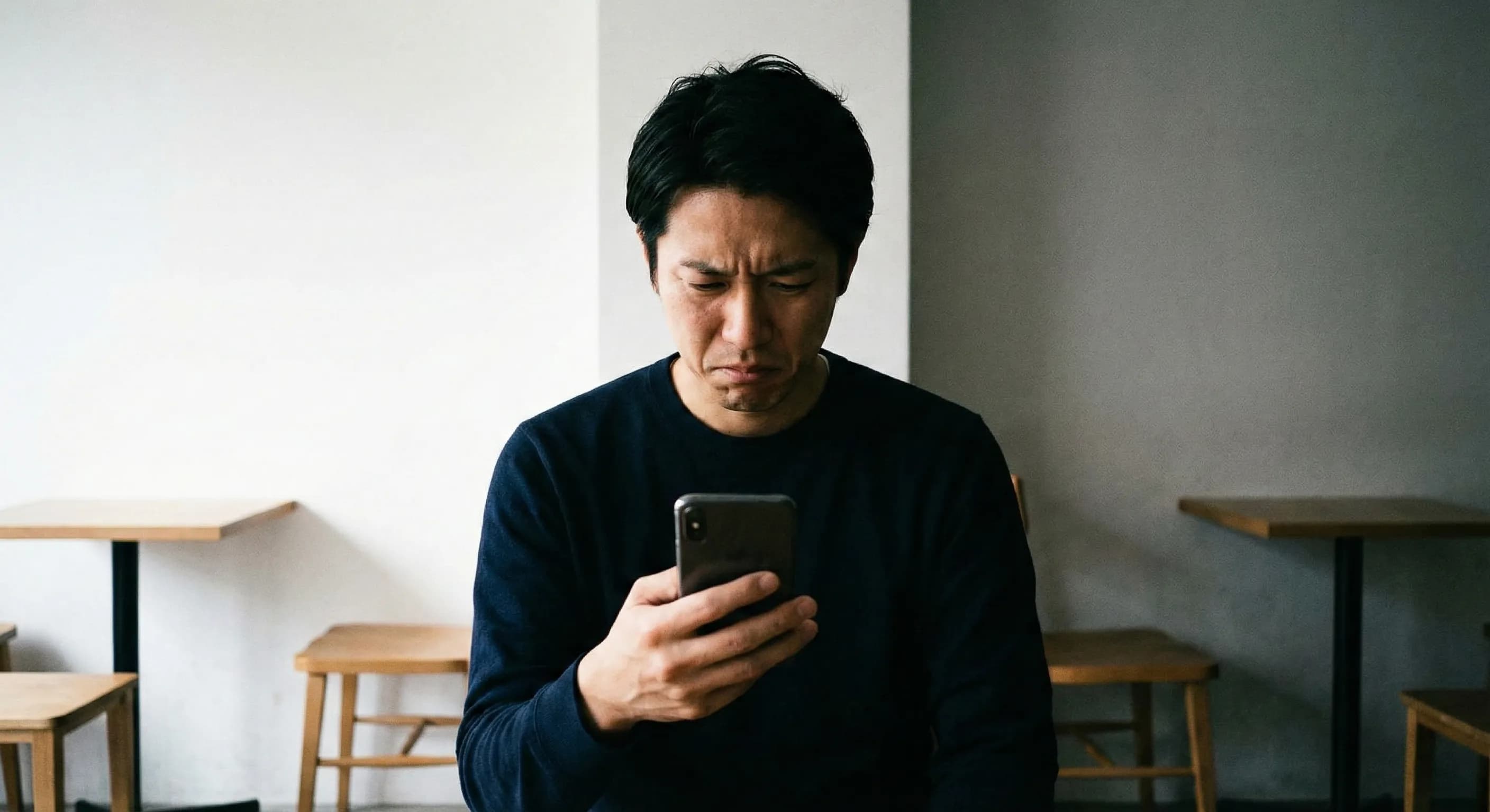スマホ画面を見つめて呆然とする30代男性