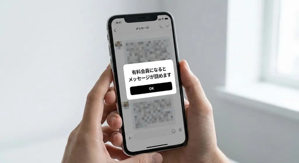 メッセージ画面にモザイクがかかっている様子