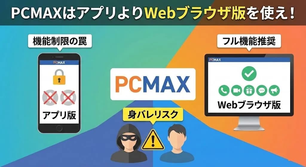 PCMAXはアプリよりWebブラウザ版を使え！機能制限の罠と身バレリスク
