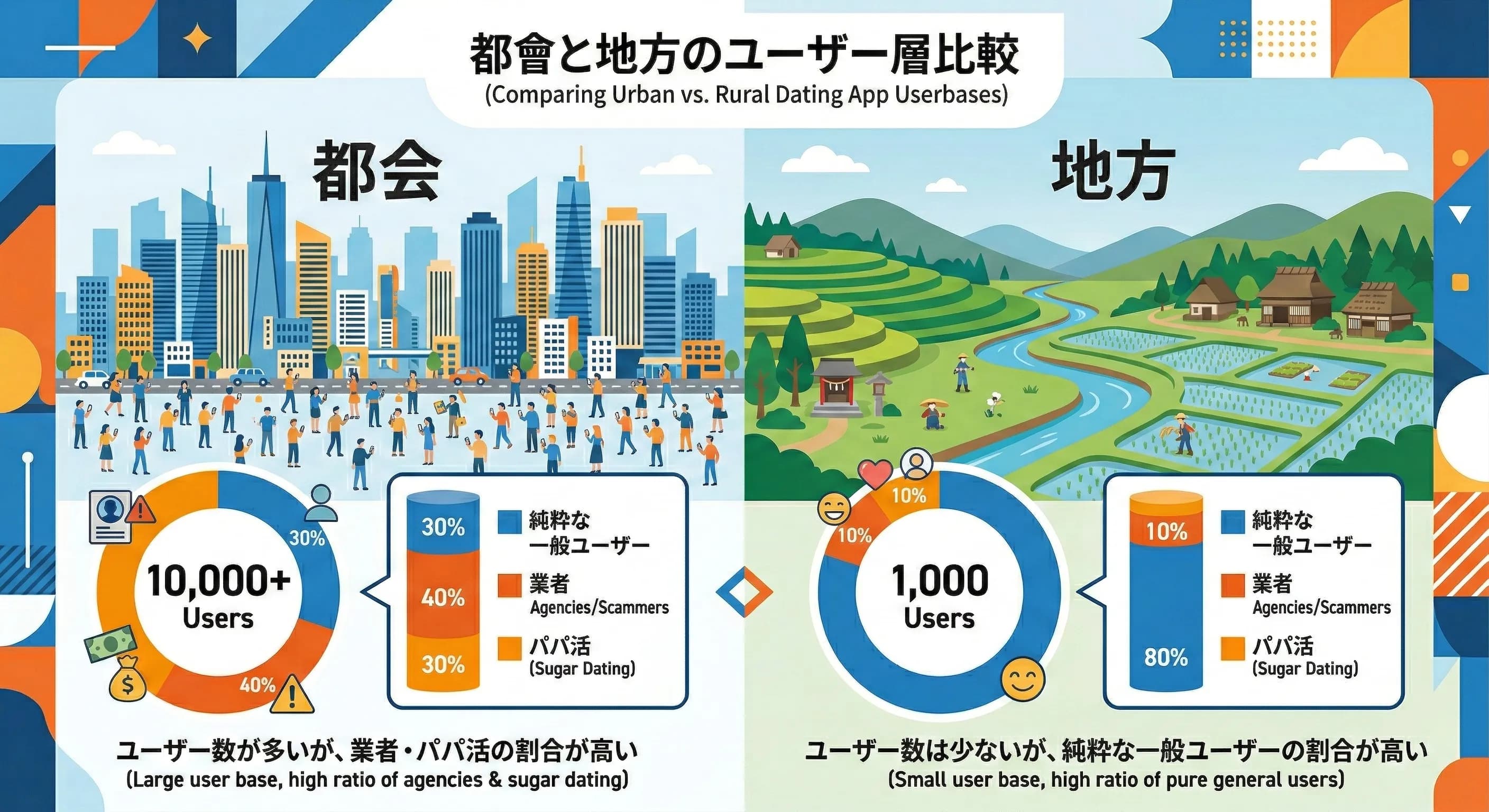 地方と都会のユーザー属性比較イメージ