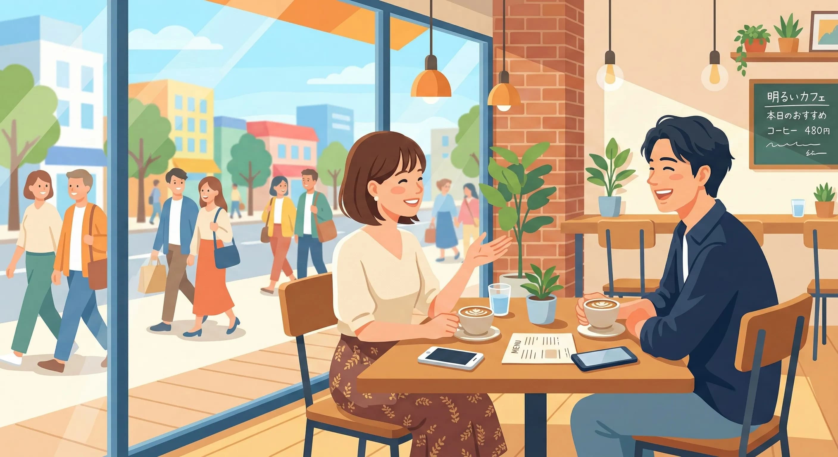 安全なカフェデートのイラスト