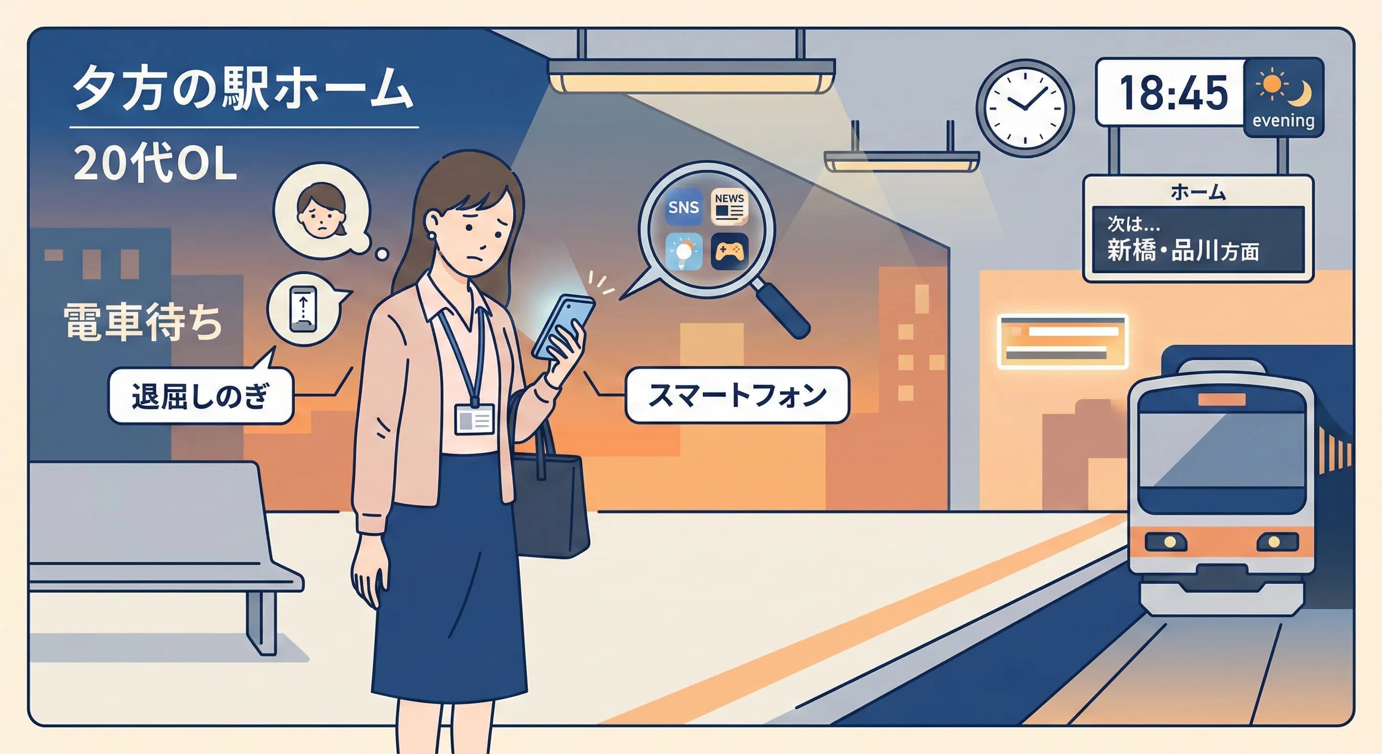 退勤後の女性が駅のホームでスマホを見ている様子
