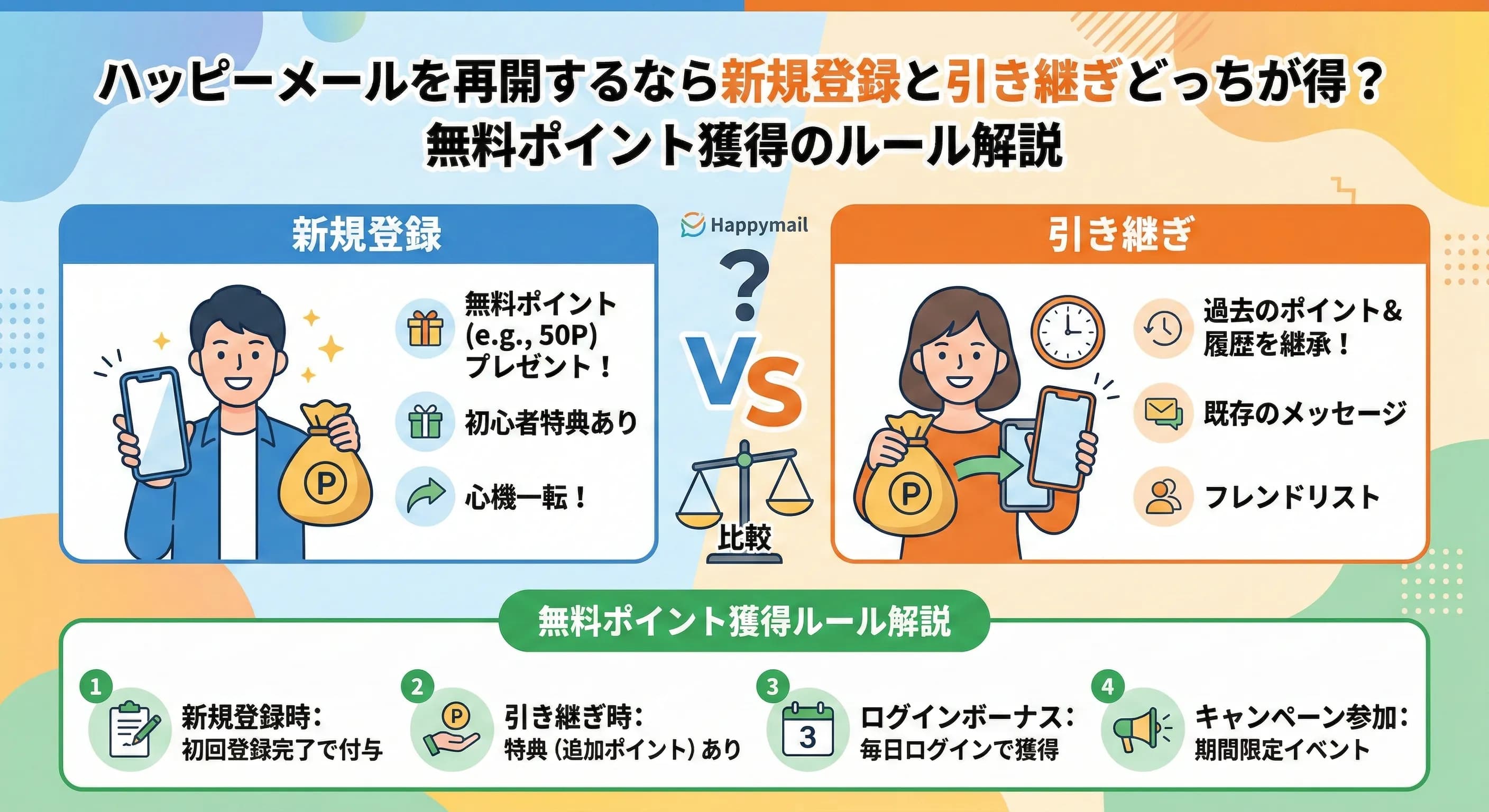ハッピーメールを再開するなら新規登録と引き継ぎどっちが得?無料ポイント獲得のルール解説