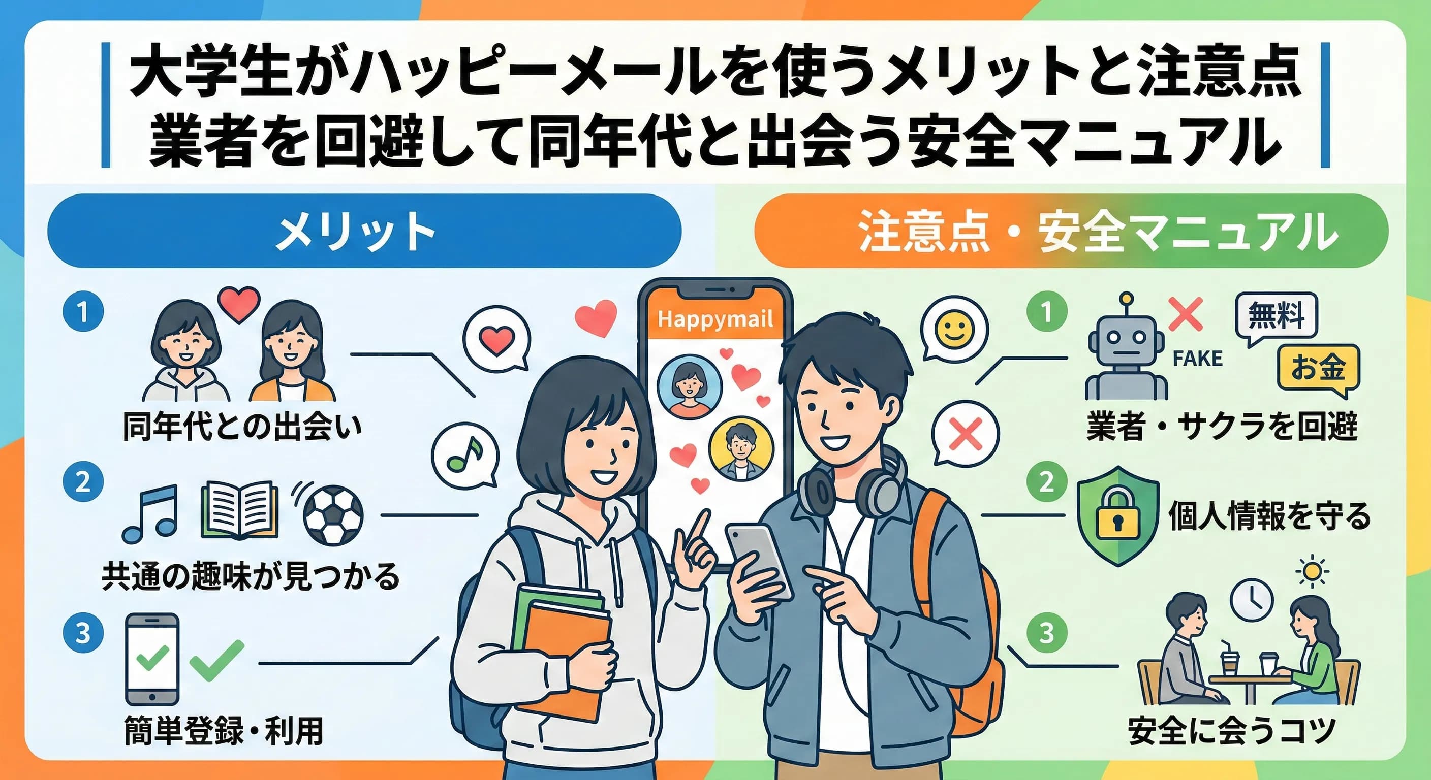 大学生がハッピーメールを使うメリットと注意点|業者を回避して同年代と出会う安全マニュアル